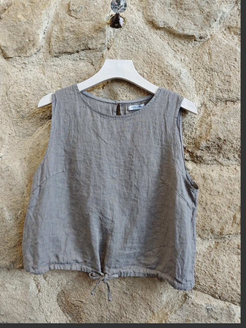 NWT 100% Linen Sleeveless Tie Waist Top Italy mole beige